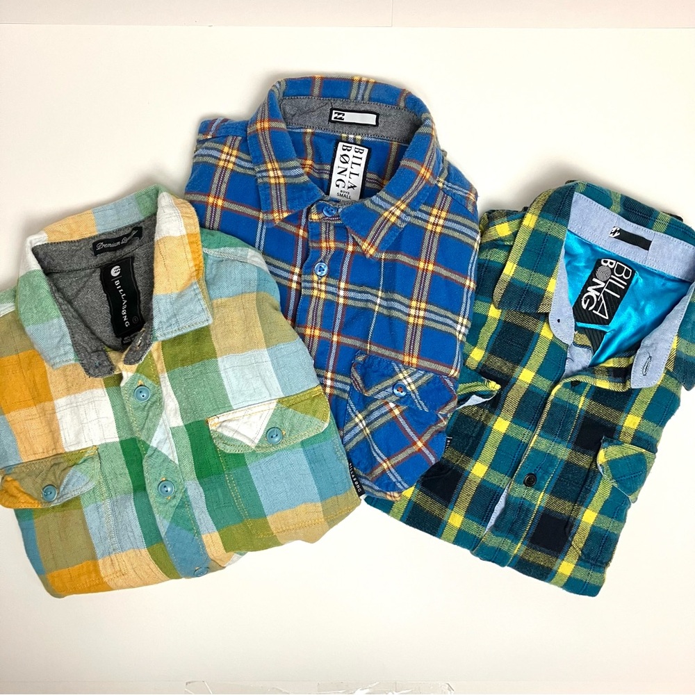 3 Billabong Kids Small Plaid Buttoned Shirts Bundle Small 9-10y Sk8 Blue Yellow